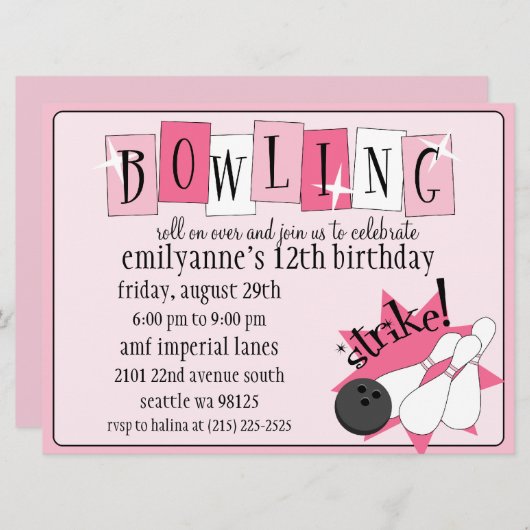 明るいピンクの全くレトロのボーリングの誕生会 招待状 (正面/裏面)