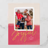 明るいピンクの喜びモダンのあるスクリプトのクリスマスフォト 箔シーズンポストカード (正面)
