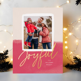 明るいピンクの喜びモダンのあるスクリプトのクリスマスフォト 箔シーズンポストカード