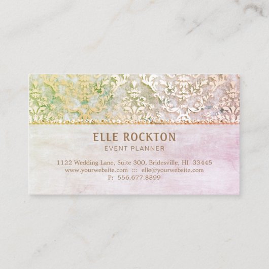 明るいピンクの微光のダマスク織のウェディングプランナー 名刺 (裏面)
