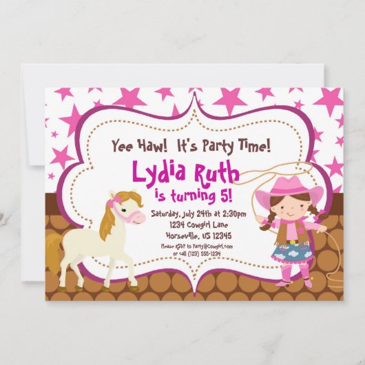 明るいピンクの星の女性のカーボーイおよび馬の誕生会 招待状 (正面)