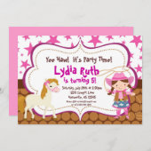 明るいピンクの星の女性のカーボーイおよび馬の誕生会 招待状 (正面/裏面)