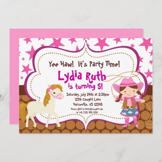 明るいピンクの星の女性のカーボーイおよび馬の誕生会 招待状 (正面/裏面)