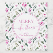 明るいピンクの植物性メリークリスマスホリデー ワインラベル (シングルラベル)