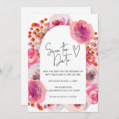 明るいピンクの水カラーフローラアーチ日付を保存 セーブザデート (正面/裏面)