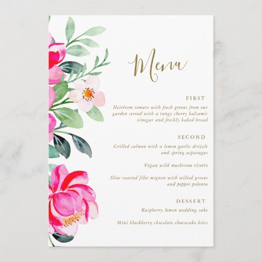 明るいピンクの水カラーフローラ編集可能結婚ズ メニュー (正面)