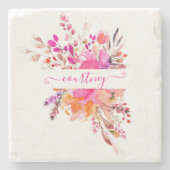 明るいピンクの水色フローラ パーソナライズされた ストーンコースター (正面)