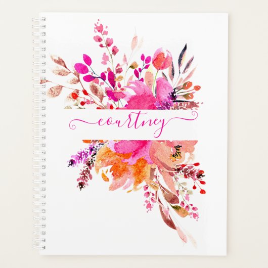 明るいピンクの水色フローラ パーソナライズされた プランナー手帳 (正面)