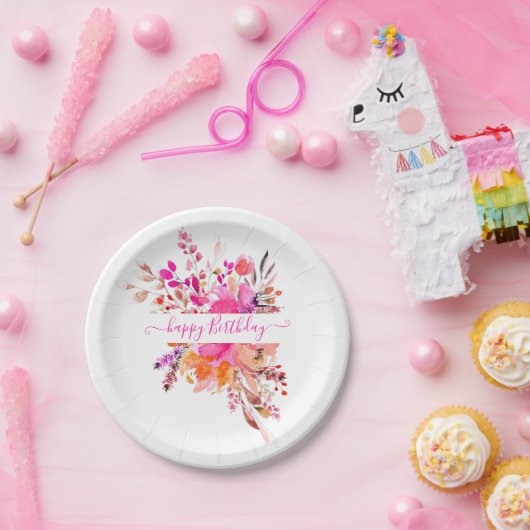 明るいピンクの水色フローラ パーソナライズされた ペーパープレート (パーティー)