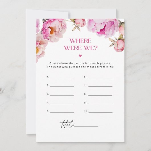 明るいピンクの牡丹どこ私たちはブライダルシャワーゲーム 招待状 (正面)