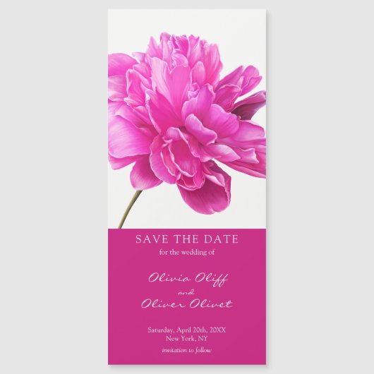 明るいピンクの牡丹の結婚式の日付磁気を保存 (正面)