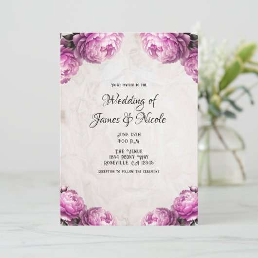 明るいピンクの牡丹の花素朴ヴィンテージ結婚の 招待状 (スタンド正面)