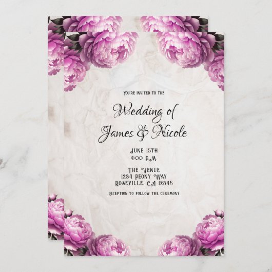明るいピンクの牡丹の花素朴ヴィンテージ結婚の 招待状 (正面/裏面)