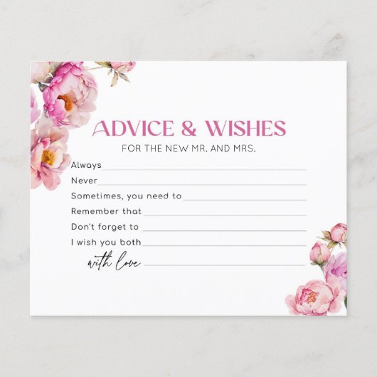 明るいピンクの牡丹アドバイスとウィッシュブライダルカード (正面)