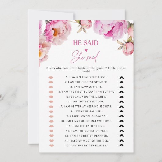 明るいピンクの牡丹彼は彼女はブライダルゲームを言った 招待状 (正面)