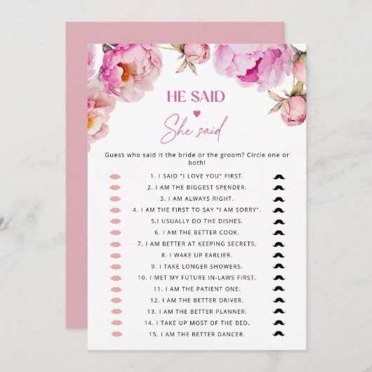 明るいピンクの牡丹彼は彼女はブライダルゲームを言った 招待状 (正面/裏面)