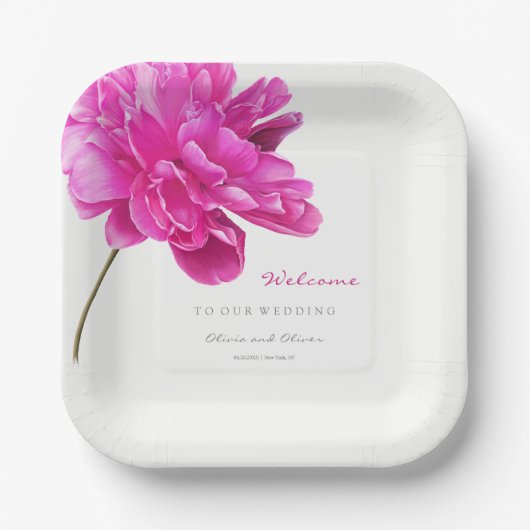 明るいピンクの牡丹結婚の歓迎 ペーパープレート (正面)