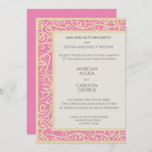 明るいピンクの発表、任意の大事な行事 招待状 (正面/裏面)