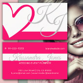 明るいピンクの白いガーリーハート書道モノグラム 名刺