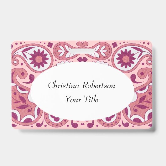 明るいピンクの白いペイズリーデザイン花涙滴 バッジ (正面)