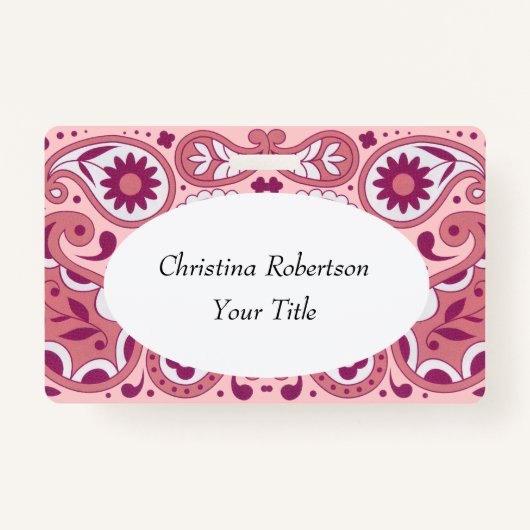 明るいピンクの白いペイズリーデザイン花涙滴 バッジ (正面)