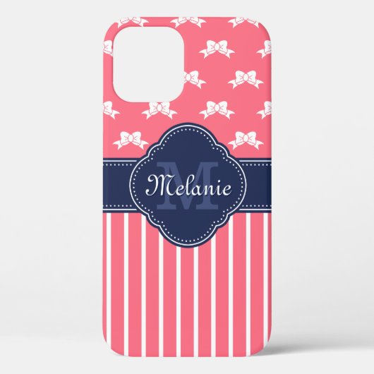 明るいピンクの白いリボンパターン海軍モノグラム Case-Mate iPhoneケース (裏面)