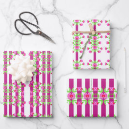 明るいピンクの白と緑のフローラ ラッピングペーパーシート