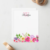 明るいピンクの紫のフローラモノグラムのノートカード ノートカード (正面/裏面インサイチュ)