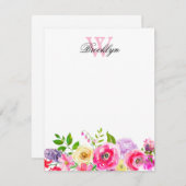 明るいピンクの紫のフローラモノグラムのノートカード ノートカード (正面/裏面)