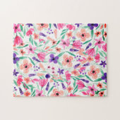 明るいピンクの紫の緑の水色の花 ジグソーパズル (横)