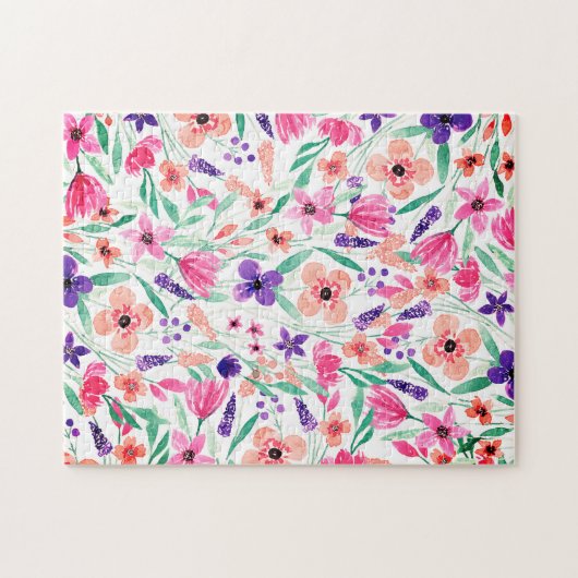 明るいピンクの紫の緑の水色の花 ジグソーパズル (横)