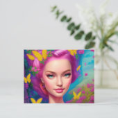 明るいピンクの美しい女性のポートレート ポストカード (スタンド正面)