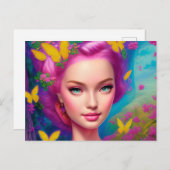 明るいピンクの美しい女性のポートレート ポストカード (正面/裏面)