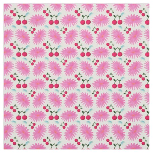 明るいピンクの花とチェリー柄 | かわいいキワイイ ファブリック (見本)