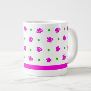 明るいピンクの花のパターン、緑のポルカの上に白 ジャンボコーヒーマグカップ