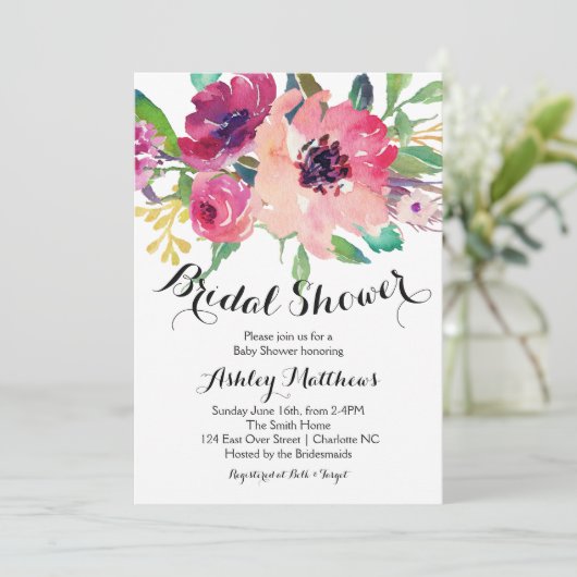明るいピンクの花のブライダルシャワーの招待状 招待状 (スタンド正面)