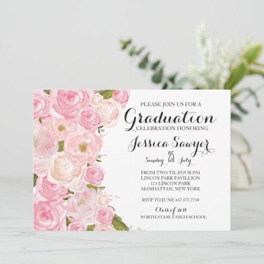 明るいピンクの花の卒業のパーティの招待状 招待状 (スタンド正面)