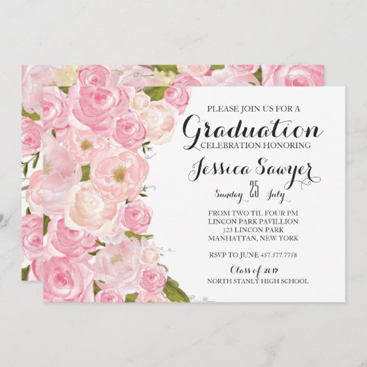明るいピンクの花の卒業のパーティの招待状 招待状 (正面/裏面)
