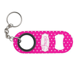 明るいピンクの花の水玉模様名ボトルオープナー キーホルダー栓抜き