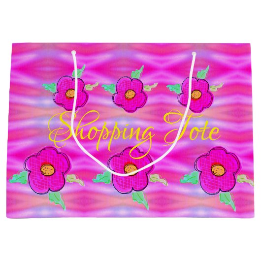 明るいピンクの花ショッピング ラージペーパーバッグ (正面)