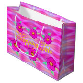 明るいピンクの花ショッピング ラージペーパーバッグ (正面アングル)