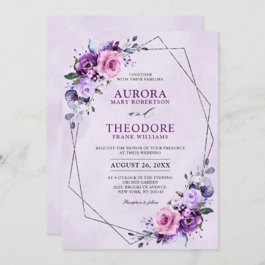 明るいピンクの薄紫紫色の色合い結婚の花 招待状 (正面/裏面)