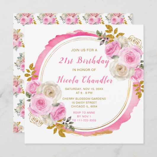 明るいピンクの金ゴールドエレガント花の誕生日パーティー 招待状 (正面/裏面)