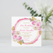 明るいピンクの金ゴールドエレガント花の誕生日パーティー 招待状 (スタンド正面)