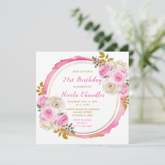 明るいピンクの金ゴールドエレガント花の誕生日パーティー 招待状 (スタンド正面)