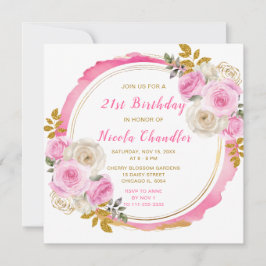 明るいピンクの金ゴールドエレガント花の誕生日パーティー 招待状