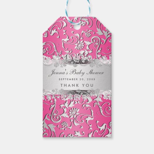 明るいピンクの銀の繁栄フローラ赤ちゃんシャワー ギフトタグ (正面)
