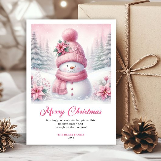明るいピンクの雪だるま クリスマス 子供向けグリーティングカード