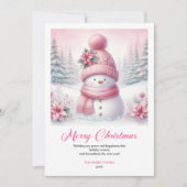 明るいピンクの雪だるま クリスマス 子供向けグリーティングカード (正面)