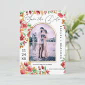 明るいピンクの黄色のフローラアーチ結婚写真 セーブザデート (スタンド正面)